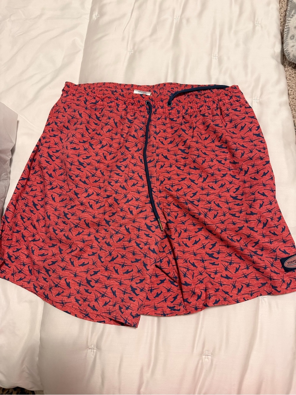 Men's Red Swim Trunks with Navy Bird Print